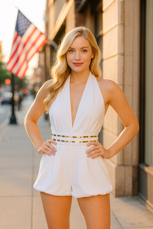 Lali white romper in satin with Italian applique in the waistline