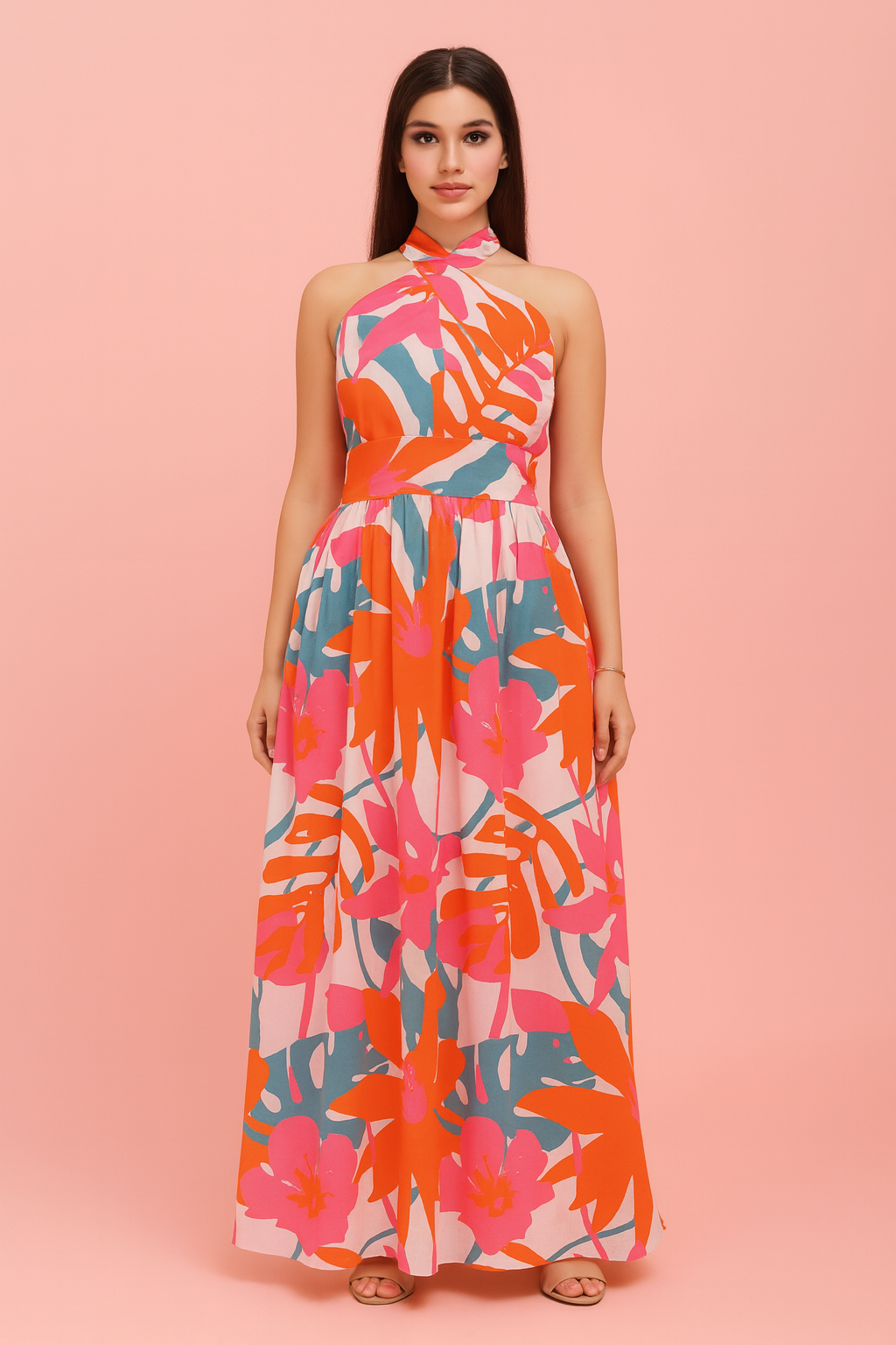 Heather orange flora maxi print dress