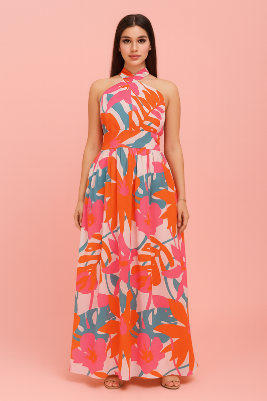 Heather orange flora maxi print dress