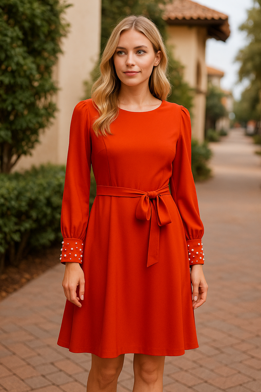 Esther red silk dress in charmeuse with pearl cuffs