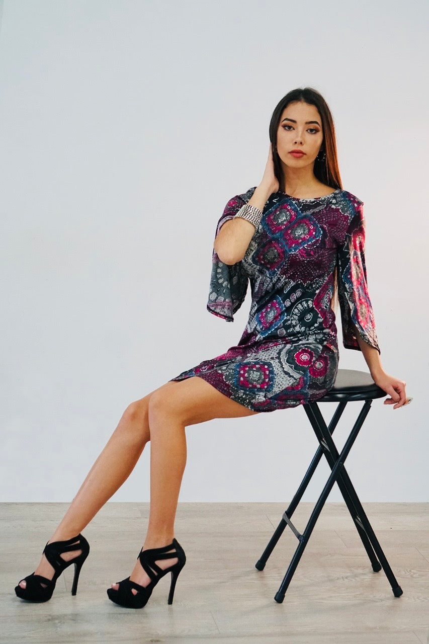 Loren mandala burgundy print with cape sleeve knee length