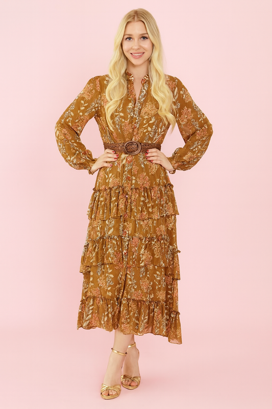 Alice brown cotton 3 tier maxi dress