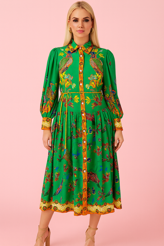 Carla green print midi dress in green with oversize sleeves