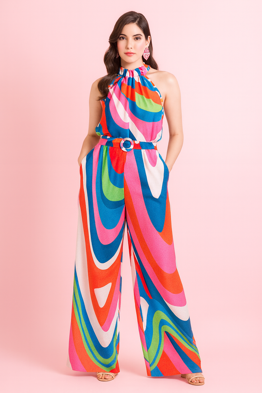 Marcela asymmetrical print in red and navy jumpsuit