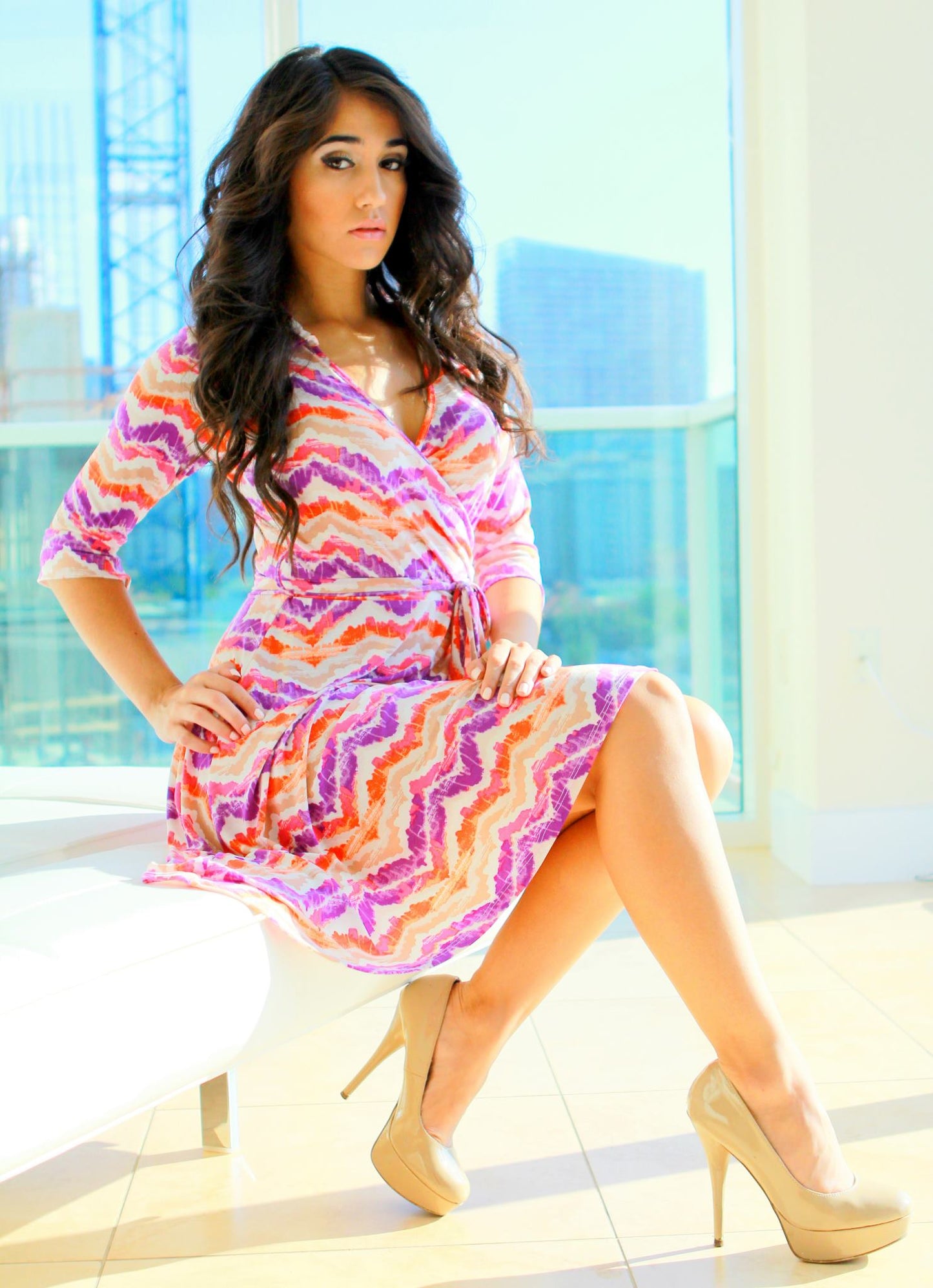 Antonella wrap dress in pink and purple chevron print