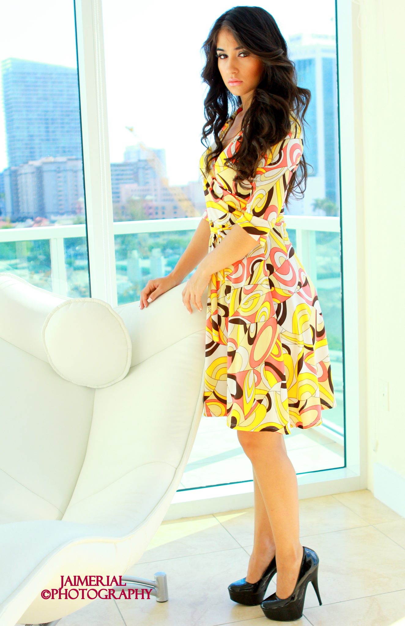 Chiara wraps dress in yellow and brown asymmetrical print