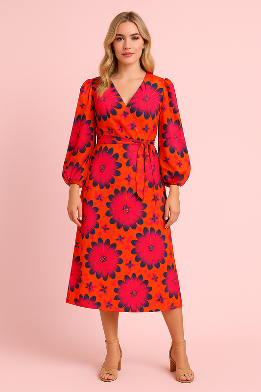 Hattie orange and red wrap dress in midi length wrap dress