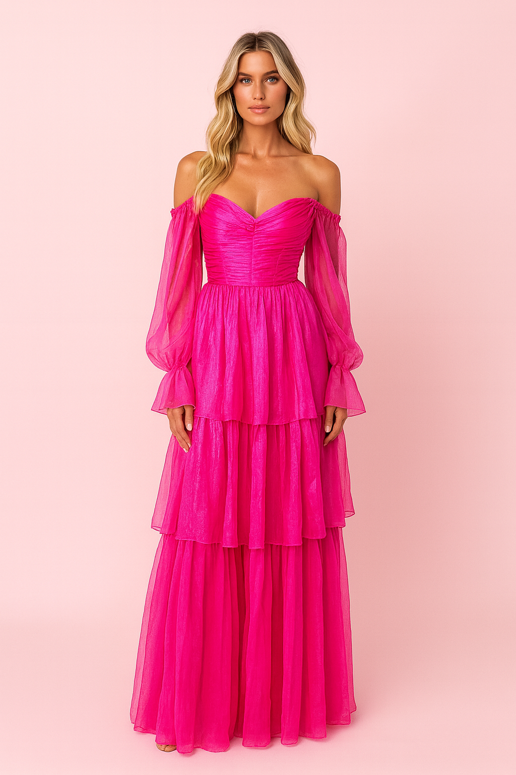 open lace back dress Adelina Hot Pink Chiffon Dress