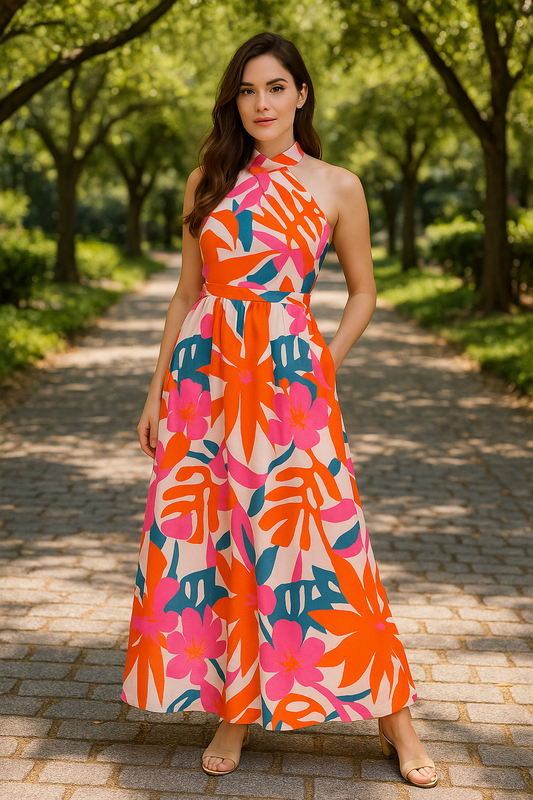 Heather orange flora maxi print dress