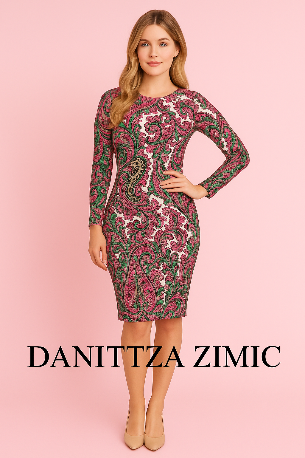 Yanet pink paisley print open back dress in knee length