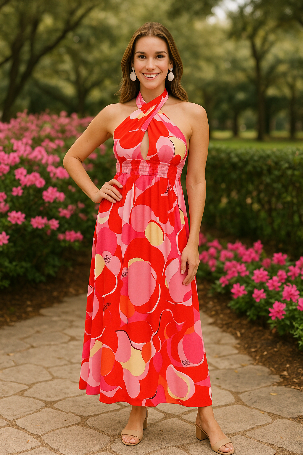 Denise halter top maxi dress in red floral maxi