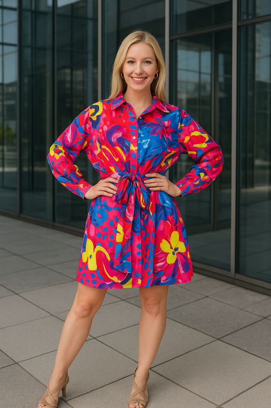 Isadora button down dress in abstract red and blue print with a tie front knot