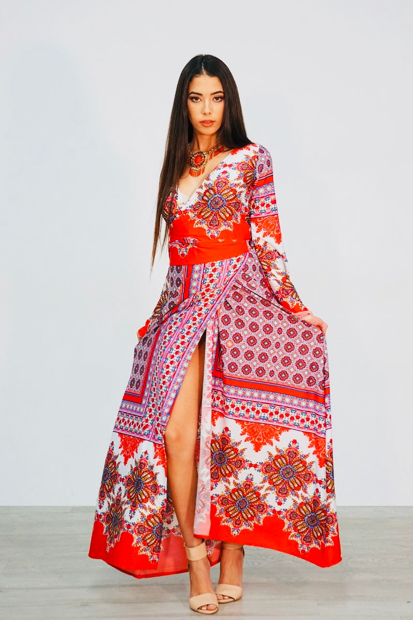 Emma red print full wrap around wrap dress