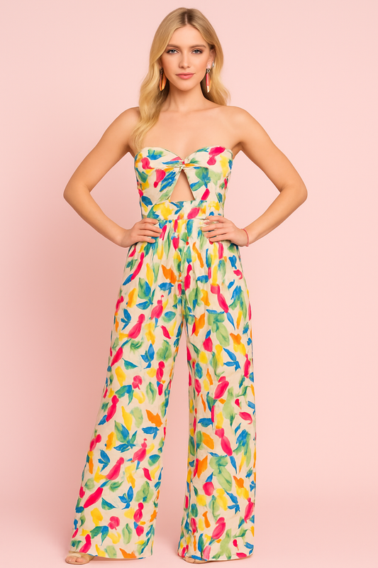 Anya floral strapless  jumpsuit pleated with a cut out
