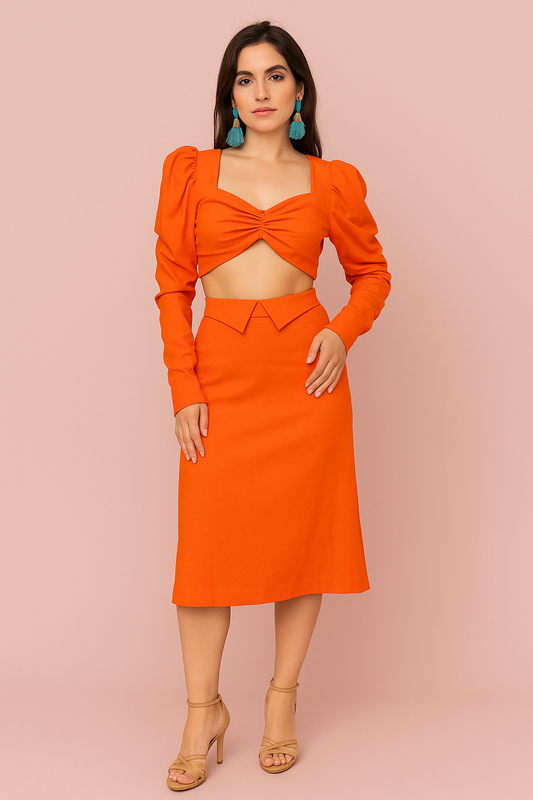 Alexandra orange linen crop top with long sleeves