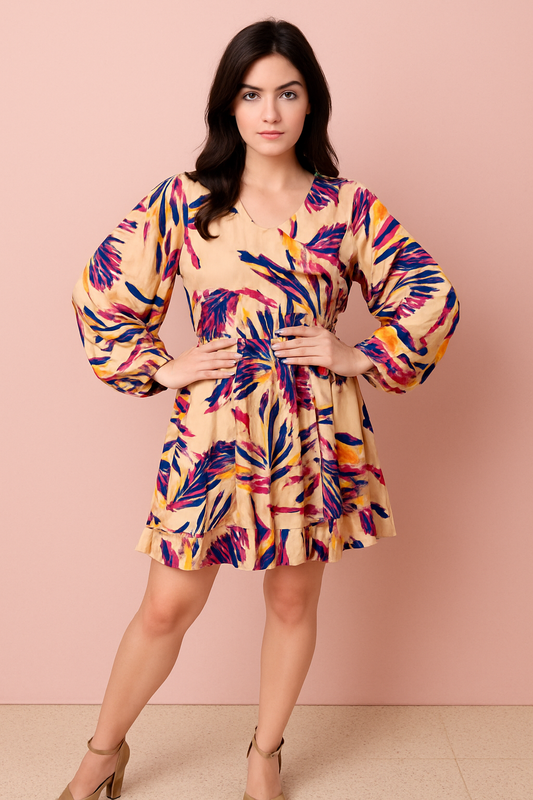 Melanie tropical nude and purple tropical print dress