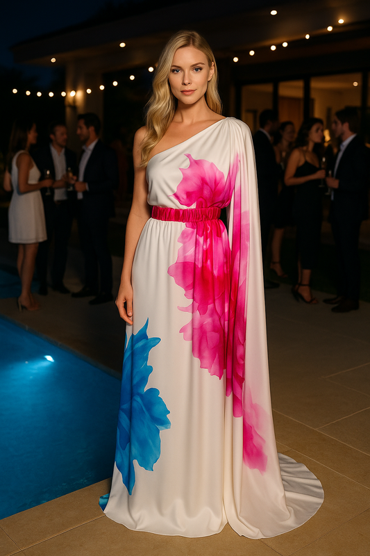 Bethenny one shoulder white maxi dress with an oversize floral print handpainted