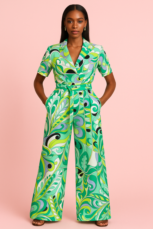 Miranda green gemoetric print cropped blazer wrap around