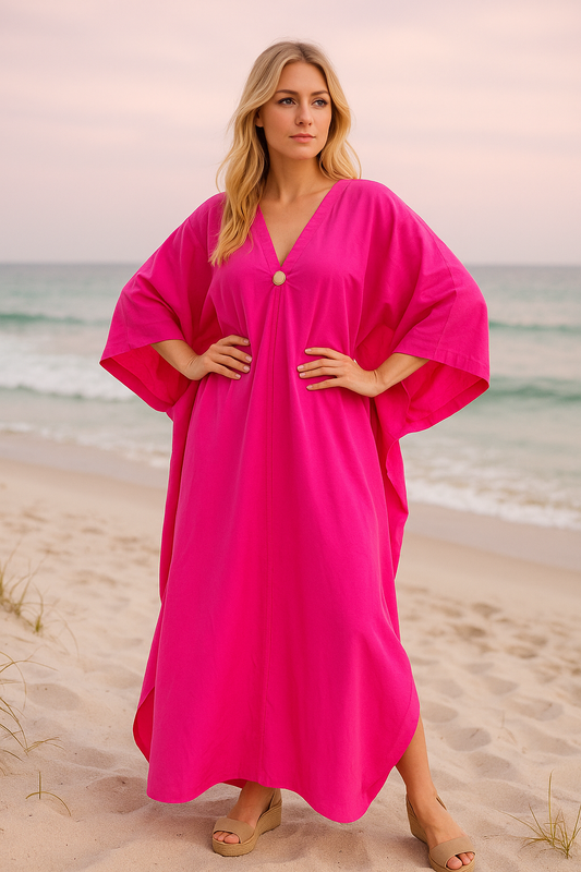 Marley pink kaftan in cotton with a hoop detail in the center