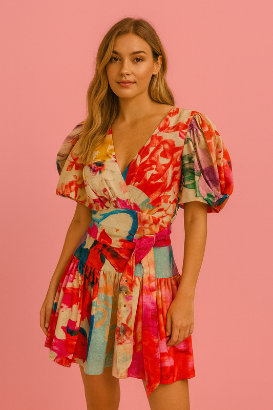 Magali mini short dress in a gorgeous abstract floral print