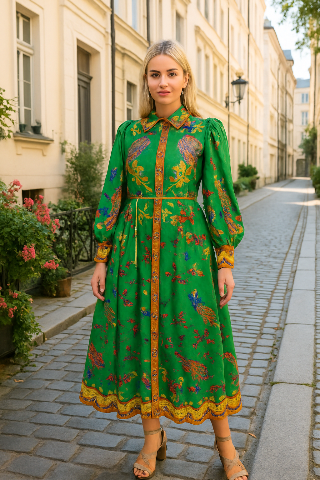 Carla green print midi dress in green with oversize sleeves