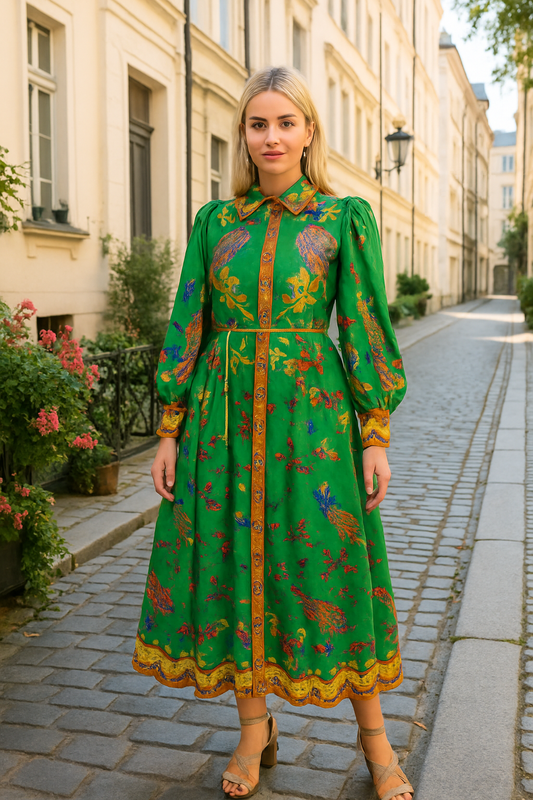 Carla green print midi dress in green with oversize sleeves
