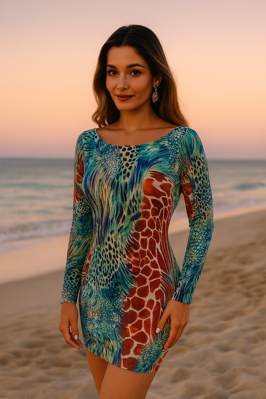 Eve open back animal print dress in teal in knee length