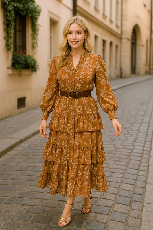 Alice brown cotton 3 tier maxi dress