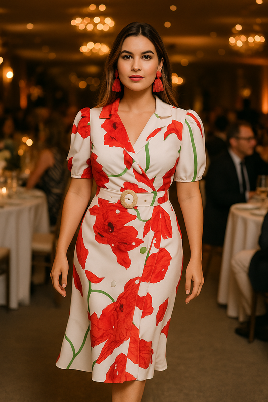Maria dress in red florals and waited belt midi dress