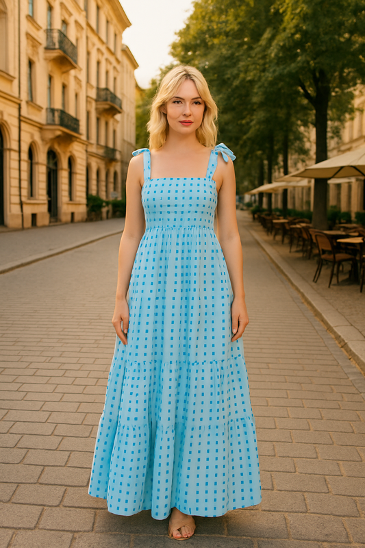 Karla blue and light blue geometric print maxi dress