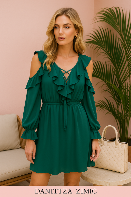 Elyse hunter green peek a boo ruffle shoulder dress