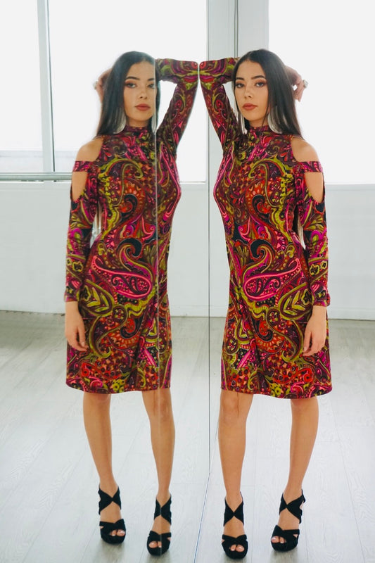 MIrelle open shoulder knee length dress