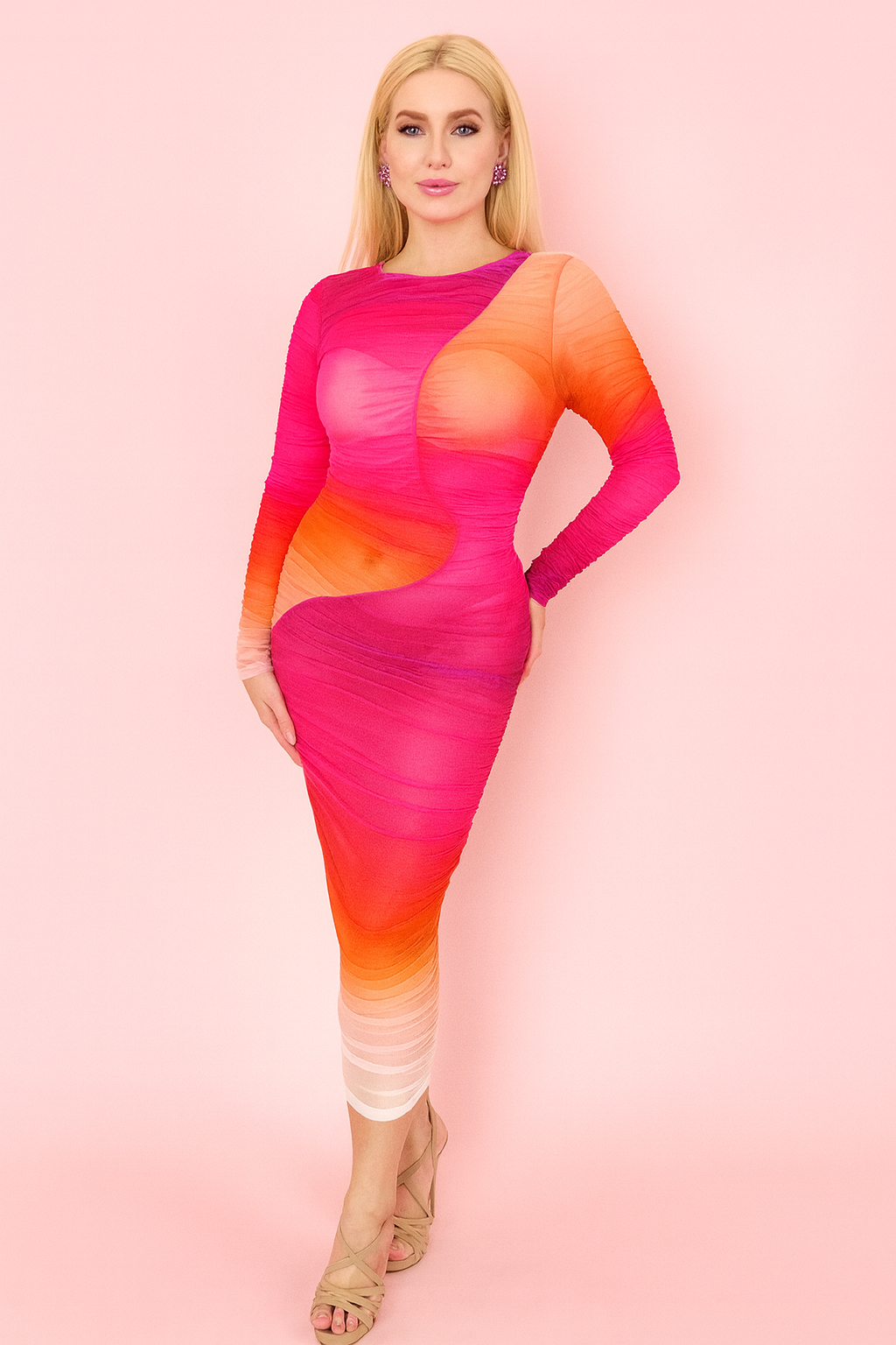 Gisela rouged mesh in hot pink, white and orange midi dress