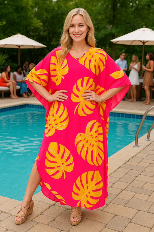 Ivanna Kaftan in pink with orange and yellow palms print