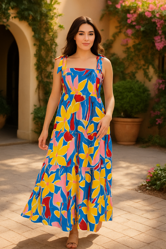 Kathy blue red and yellow maxi dress