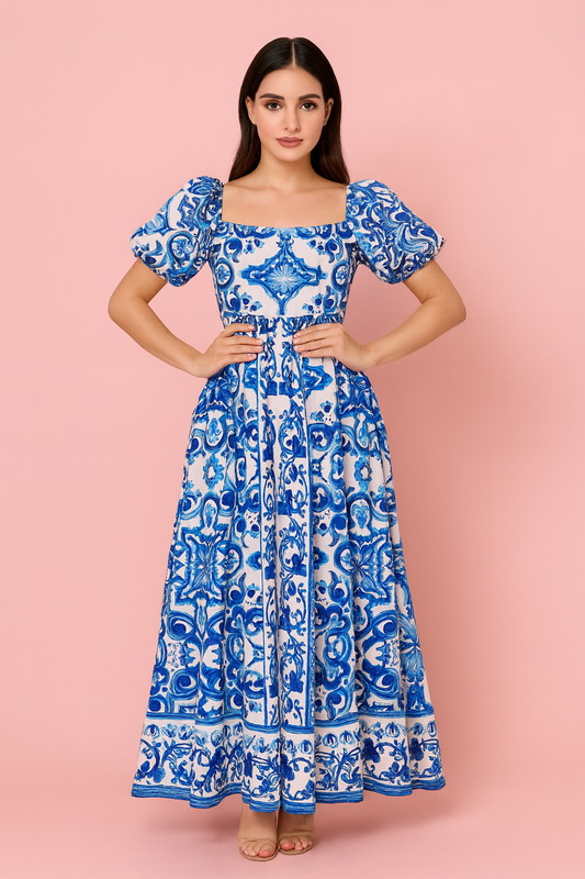 Renata off the shoulder maxi dress in blue print