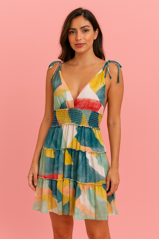 Elsie teal multi strap knee length dress with an elastic back