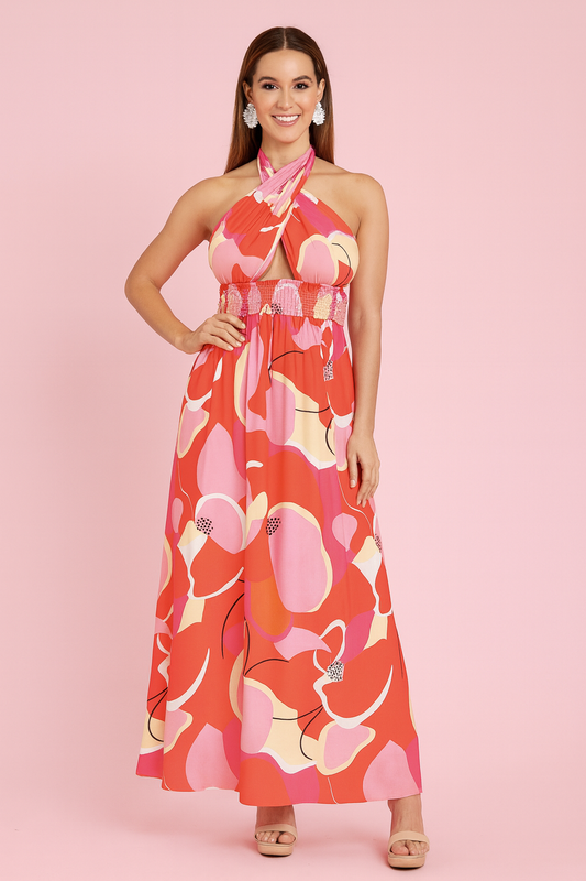 Denise halter top maxi dress in red floral maxi