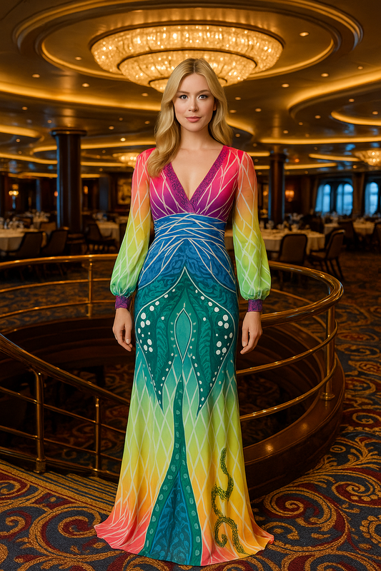 Giselle multi color body con dress with a train and a middle slit dress