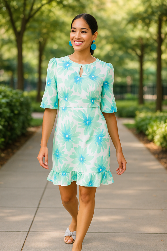 Melanie Dress in Acqua Floral Print