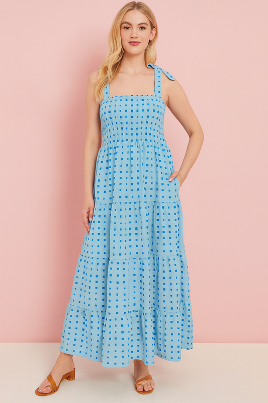 Karla blue and light blue geometric print maxi dress
