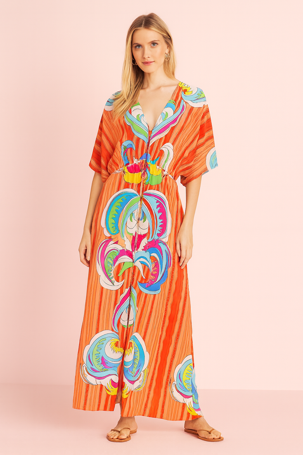 Raquel A line V neck maxi dress in an abstract orange print