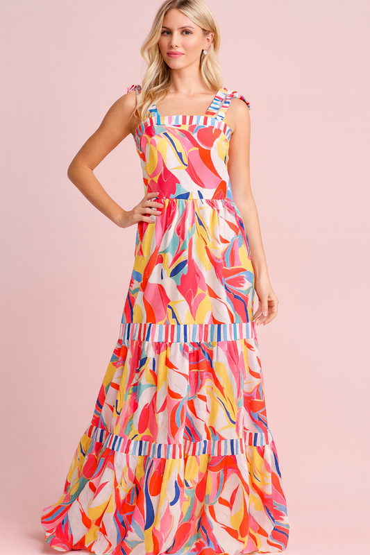 Addison red and colorful maxi dress with top ties and elastic back