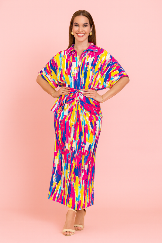 Alicia button down abstract print dress with collar