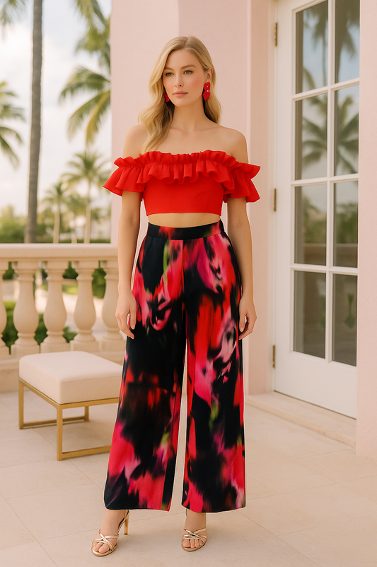 Quinn red ruffle off the shoulder crop top