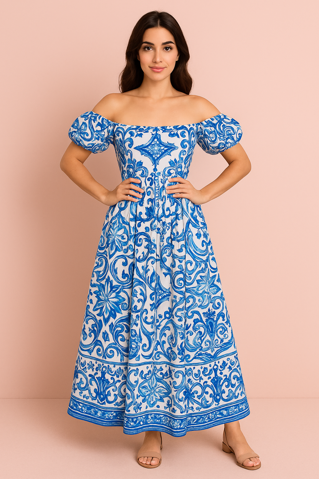 Renata off the shoulder maxi dress in blue print
