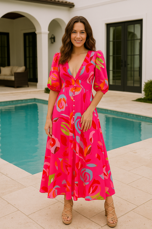 Abbie hot pink floral maxi dress