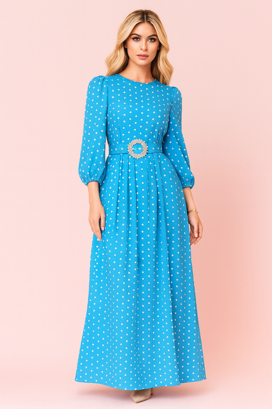 Astrid light blue polka dot maxi dress with long sleeves