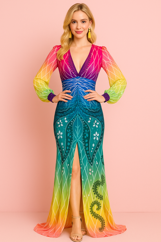 Giselle multi color body con dress with a train and a middle slit dress