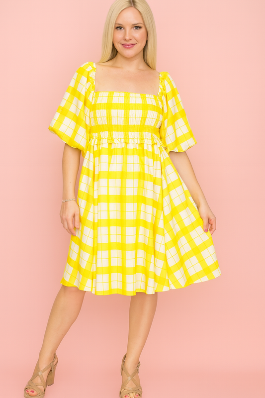 Isadora yellow plaid dress with a bee panel elastic bust